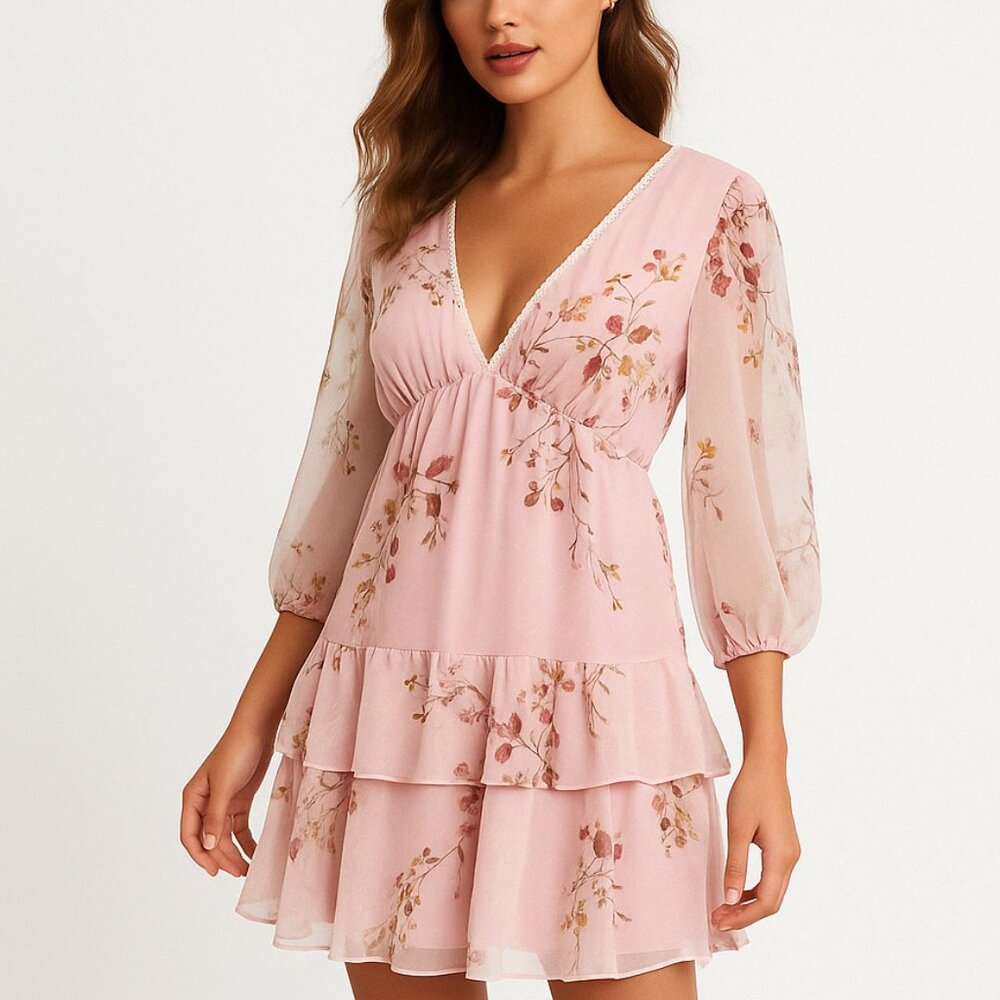 Taylor Petite Women's Floral Ruffle Chiffon Dress Pink 4P